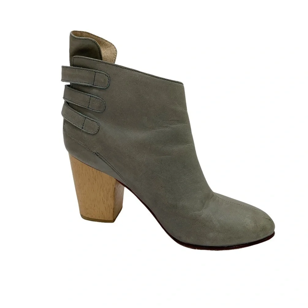 Fortress of Inca Leather Booties Size 6 Ankle Boots Heel Buckles Gray Green